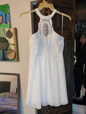 Lulu's White Crochet Halter Mini Dress with Keyhole